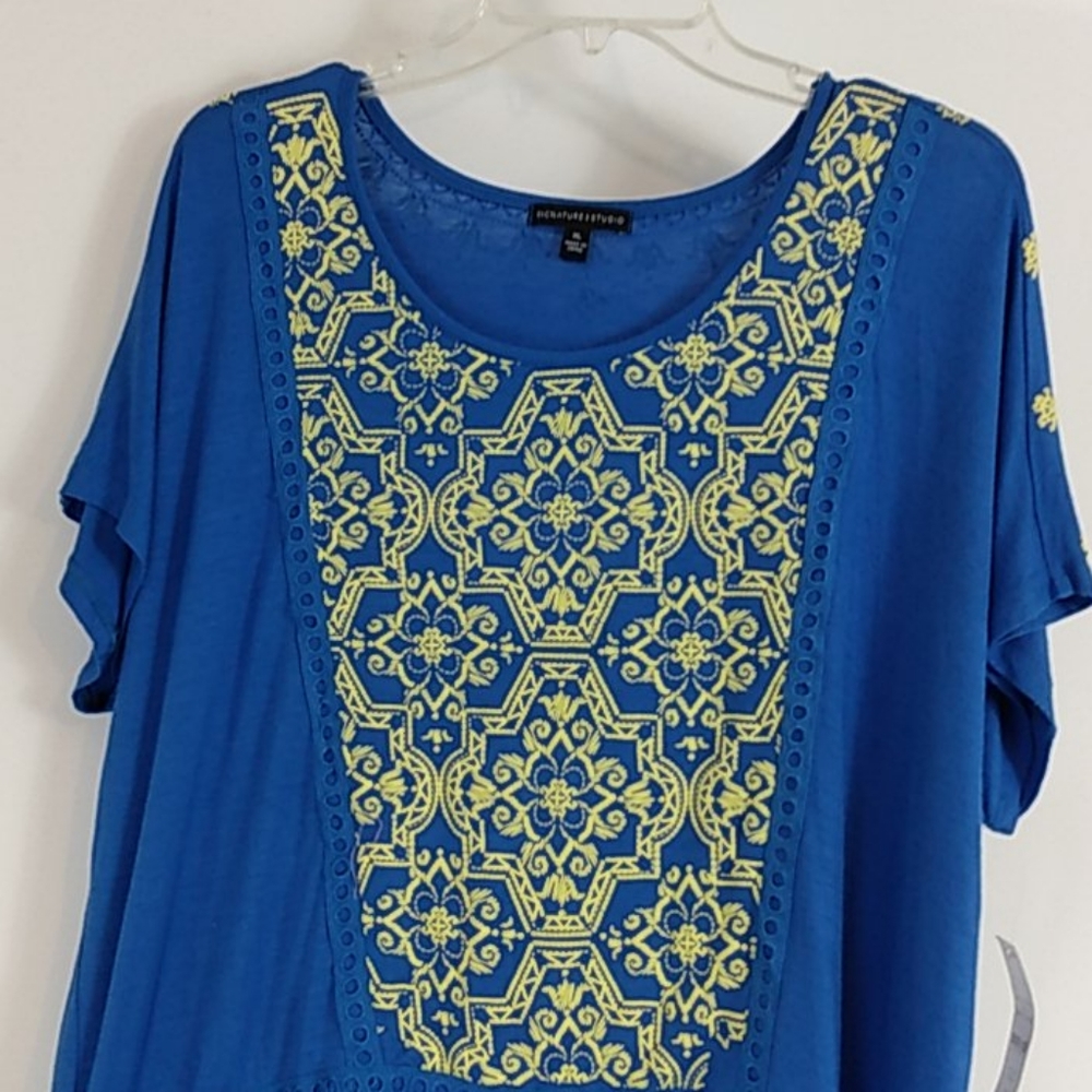 Signature I Studio Palace Blue Fiesta Time Embroidered Flowy Blouse